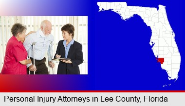 injured person consulting with a personal injury attorney; Lee County highlighted in red on a map