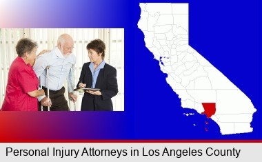 injured person consulting with a personal injury attorney; Los Angeles County highlighted in red on a map