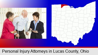 injured person consulting with a personal injury attorney; Lucas County highlighted in red on a map
