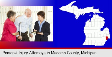 injured person consulting with a personal injury attorney; Macomb County highlighted in red on a map