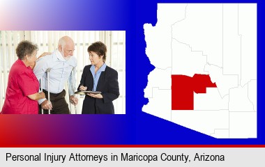 injured person consulting with a personal injury attorney; Maricopa County highlighted in red on a map
