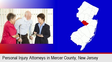 injured person consulting with a personal injury attorney; Mercer County highlighted in red on a map