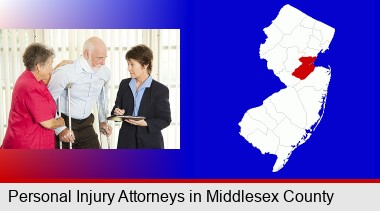 injured person consulting with a personal injury attorney; Middlesex County highlighted in red on a map