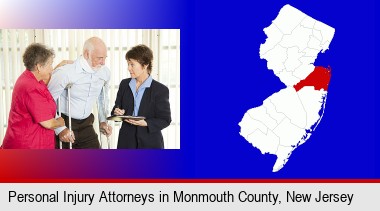 injured person consulting with a personal injury attorney; Monmouth County highlighted in red on a map