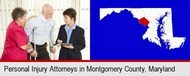 injured person consulting with a personal injury attorney; Montgomery County highlighted in red on a map