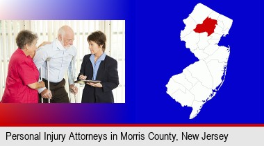 injured person consulting with a personal injury attorney; Morris County highlighted in red on a map