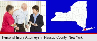 injured person consulting with a personal injury attorney; Nassau County highlighted in red on a map