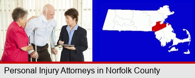 injured person consulting with a personal injury attorney; Norfolk County highlighted in red on a map