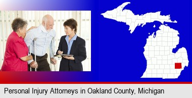 injured person consulting with a personal injury attorney; Oakland County highlighted in red on a map