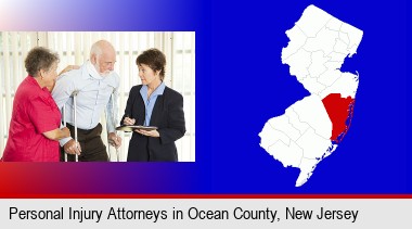 injured person consulting with a personal injury attorney; Ocean County highlighted in red on a map