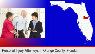 injured person consulting with a personal injury attorney; Orange County highlighted in red on a map
