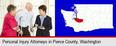 injured person consulting with a personal injury attorney; Pierce County highlighted in red on a map