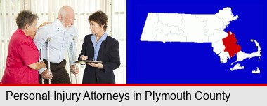 injured person consulting with a personal injury attorney; Plymouth County highlighted in red on a map