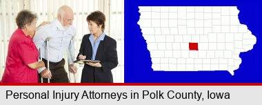 injured person consulting with a personal injury attorney; Polk County highlighted in red on a map