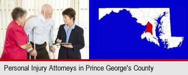 injured person consulting with a personal injury attorney; Prince George's County highlighted in red on a map