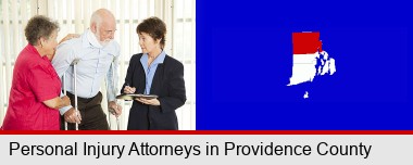injured person consulting with a personal injury attorney; Providence County highlighted in red on a map
