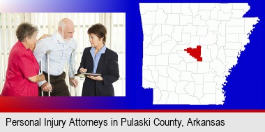 injured person consulting with a personal injury attorney; Pulaski County highlighted in red on a map