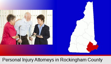 injured person consulting with a personal injury attorney; Rockingham County highlighted in red on a map
