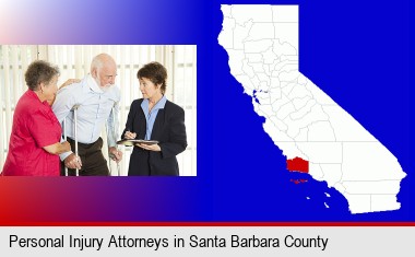 injured person consulting with a personal injury attorney; Santa Barbara County highlighted in red on a map