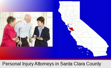 injured person consulting with a personal injury attorney; Santa Clara County highlighted in red on a map
