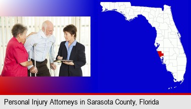 injured person consulting with a personal injury attorney; Sarasota County highlighted in red on a map