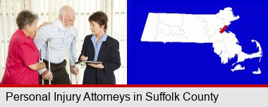 injured person consulting with a personal injury attorney; Suffolk County highlighted in red on a map