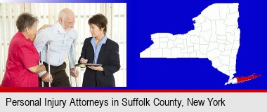 injured person consulting with a personal injury attorney; Suffolk County highlighted in red on a map