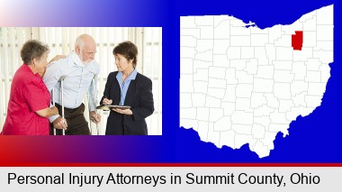 injured person consulting with a personal injury attorney; Summit County highlighted in red on a map
