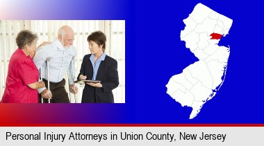 injured person consulting with a personal injury attorney; Union County highlighted in red on a map