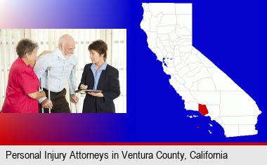 injured person consulting with a personal injury attorney; Ventura County highlighted in red on a map
