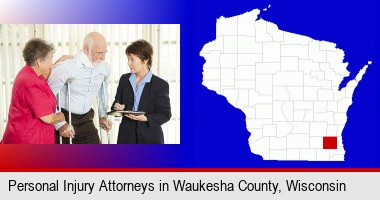 injured person consulting with a personal injury attorney; Waukesha County highlighted in red on a map