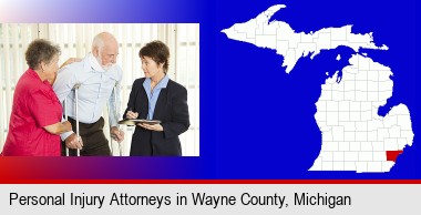 injured person consulting with a personal injury attorney; Wayne County highlighted in red on a map