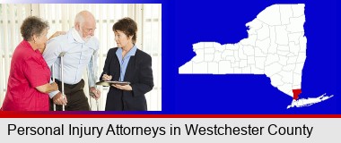 injured person consulting with a personal injury attorney; Westchester County highlighted in red on a map