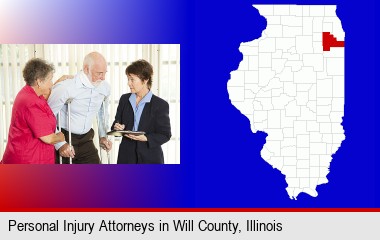 injured person consulting with a personal injury attorney; Will County highlighted in red on a map